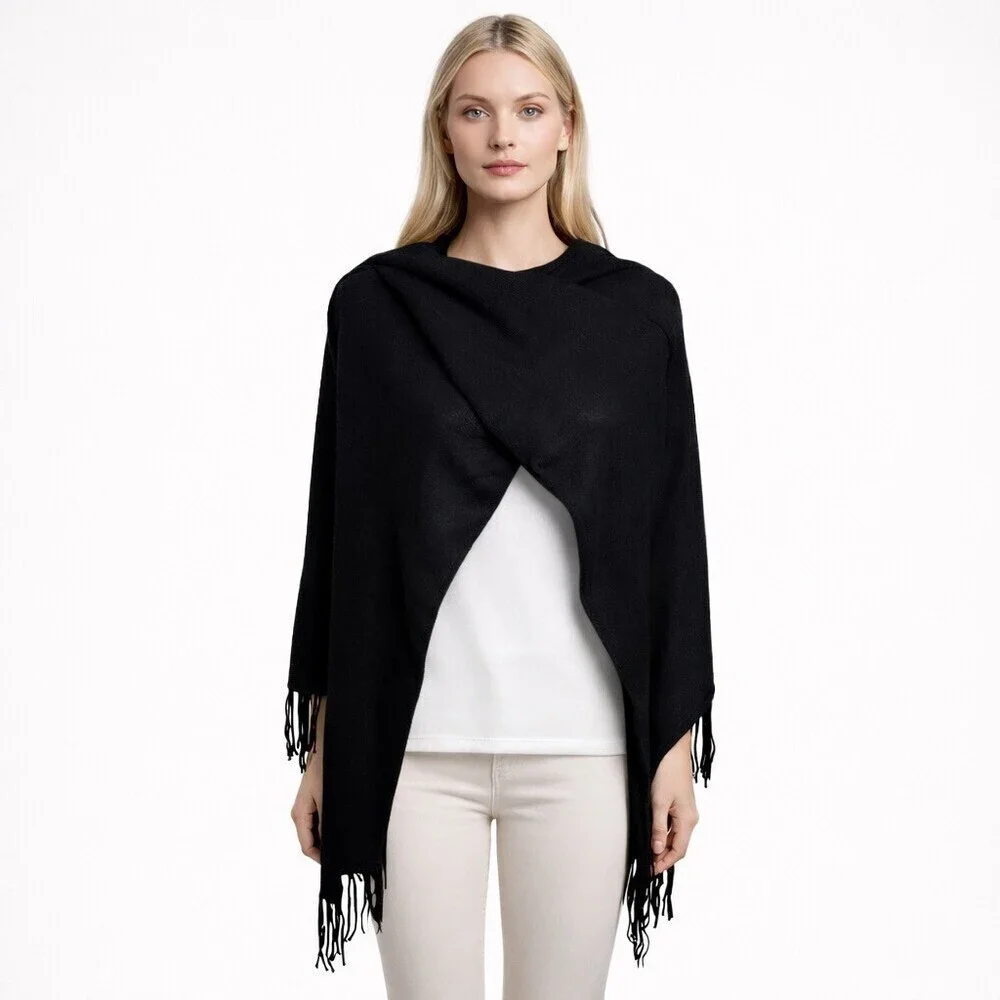 White + Warren Cashmere Two-Way Split travel Scarf Black Fringe Wrap